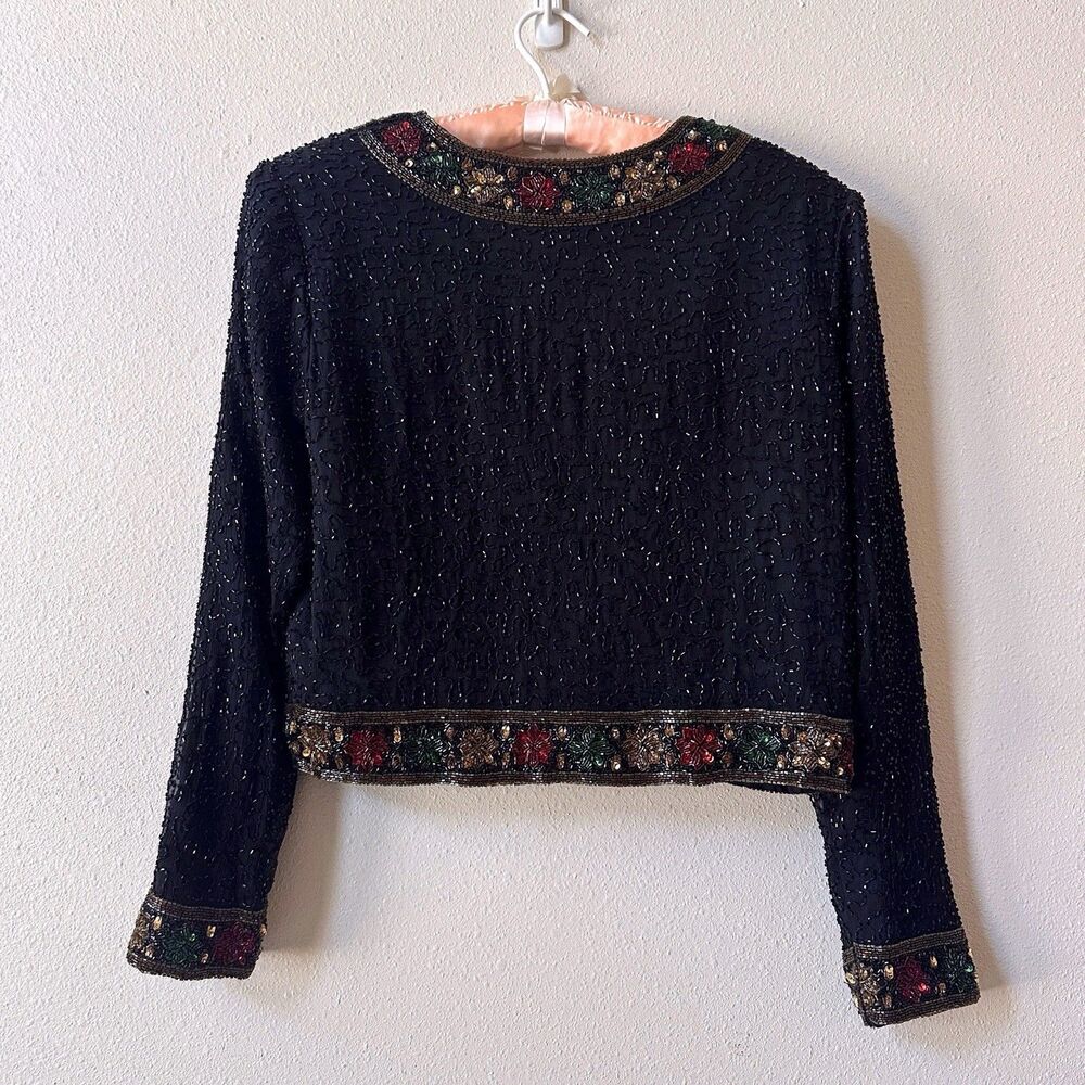 Vintage Laurence Kazar New York Black Silk Beaded Jacket Large Embellished 90s - Picture 4 of 5